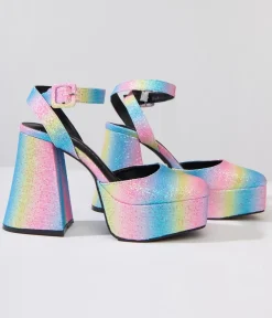 Unique Vintage Special Occasion|Pride>Rainbow Glitter Chunky Platform Heels