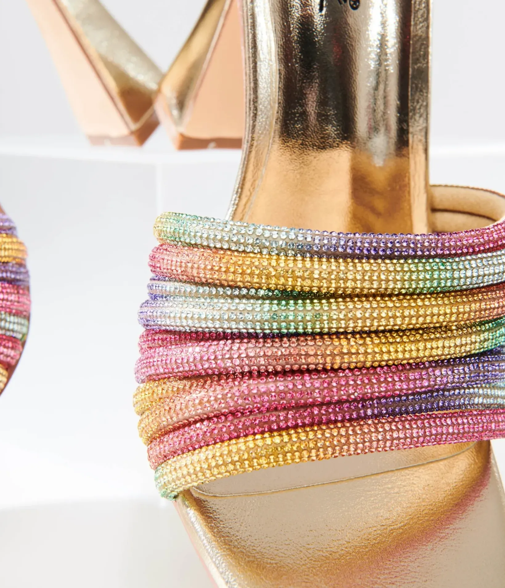 Unique Vintage Heels>Rainbow Rhinestone & Metallic Gold Heels