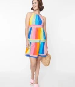 Unique Vintage Everyday Dresses>Rainbow Striped Shift Dress