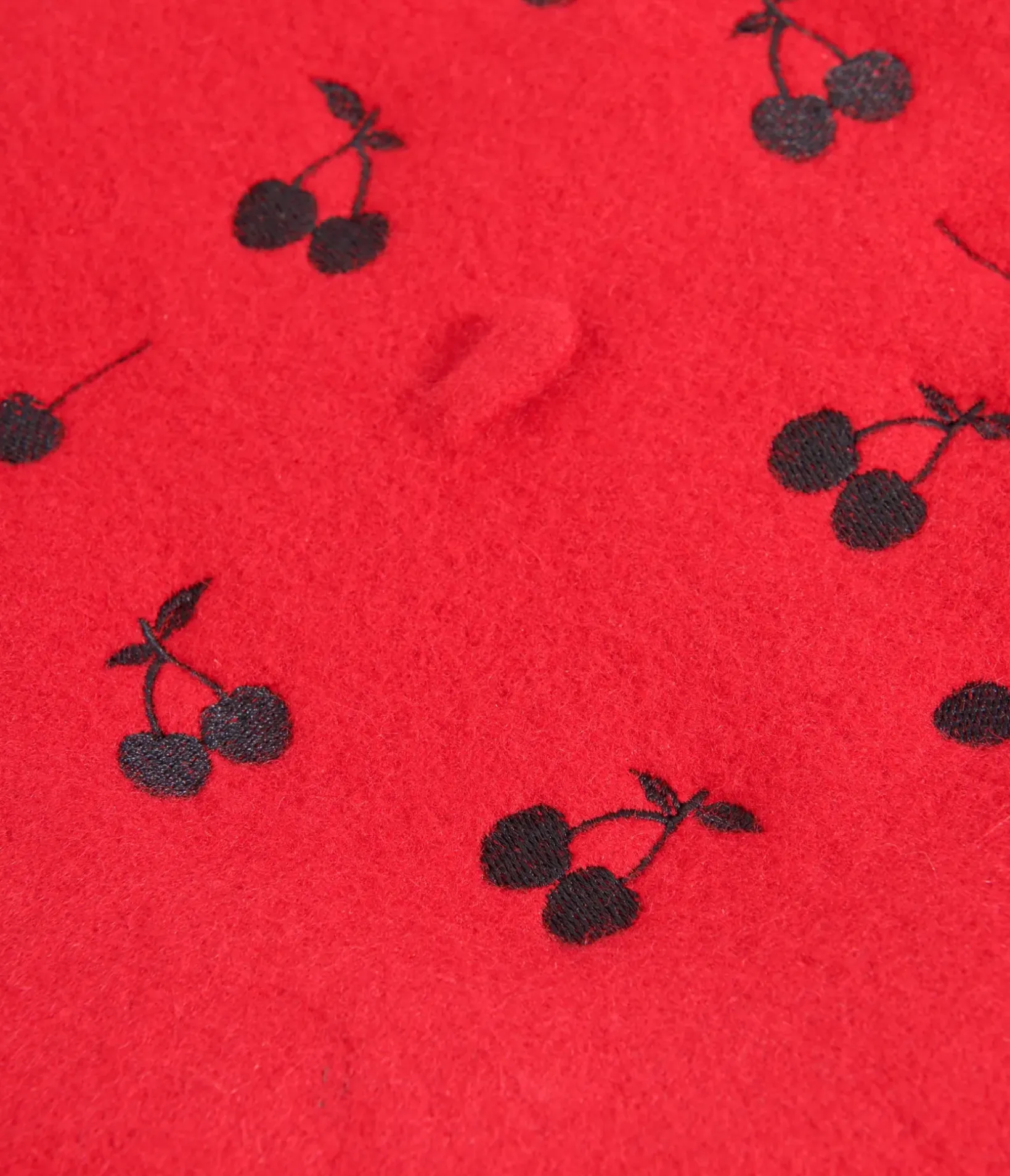 Unique Vintage Berets>Red & Black Cherry Embroidered Beret