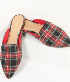 Unique Vintage Flats|All Things Red>Red & Black Plaid Fabric Mules