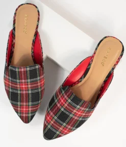Unique Vintage Flats|All Things Red>Red & Black Plaid Fabric Mules