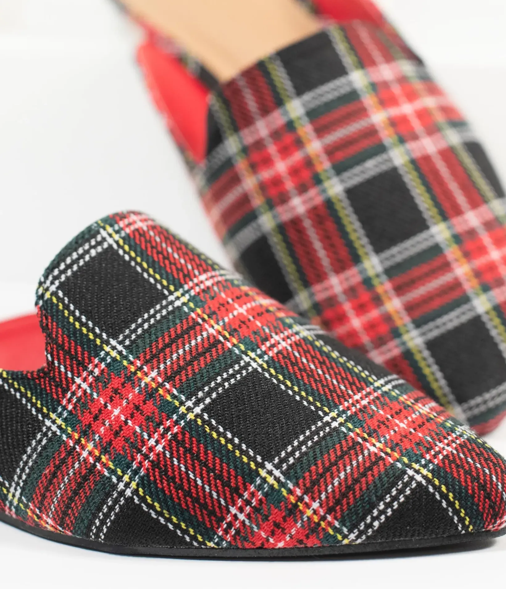 Unique Vintage Flats|All Things Red>Red & Black Plaid Fabric Mules