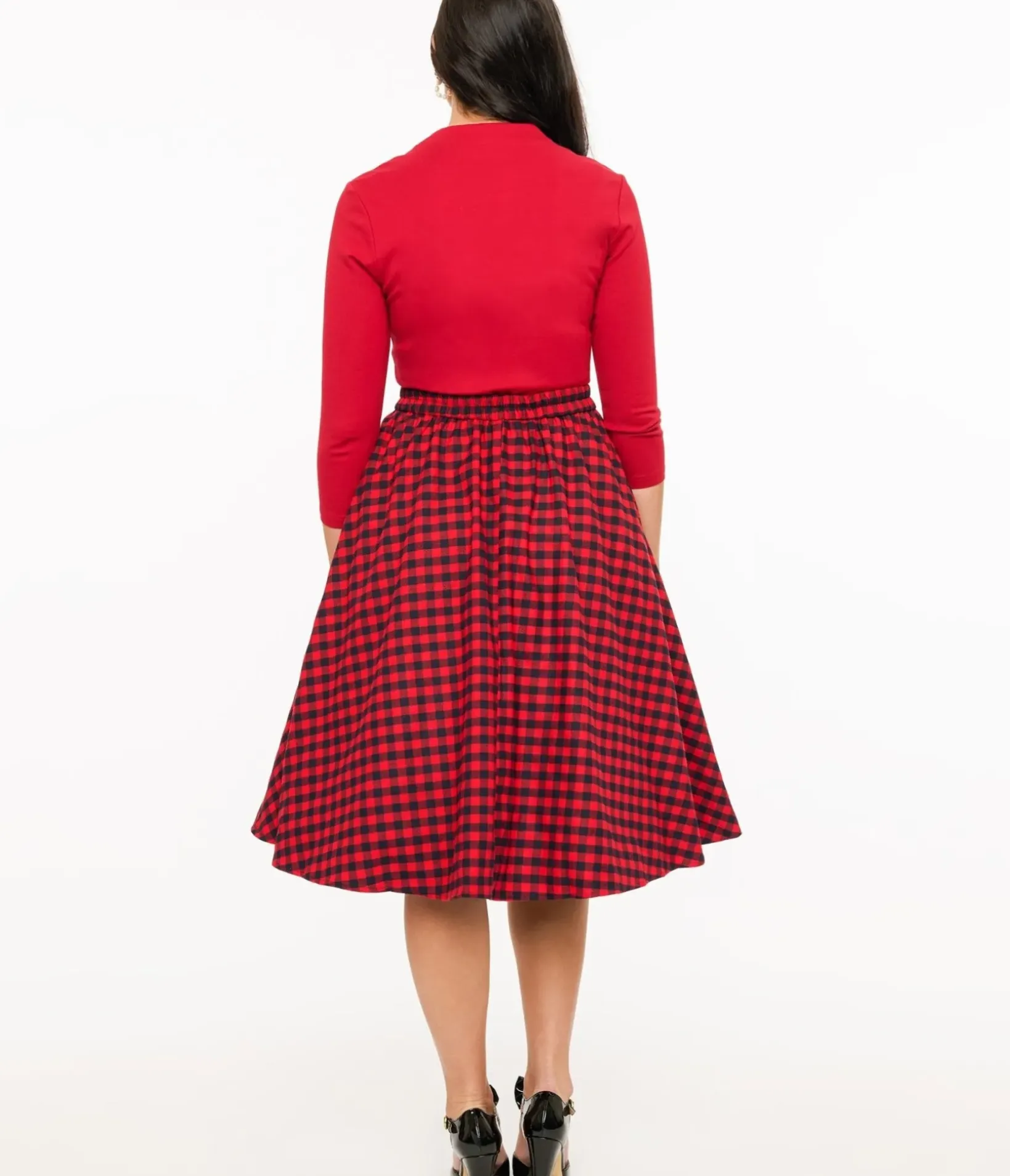 Unique Vintage Skirts|All Things Red>Red & Black Plaid Midi Skirt
