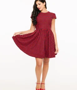 Unique Vintage Fit & Flare|Pocket Dresses>Red & Black Plaid Mini Dress