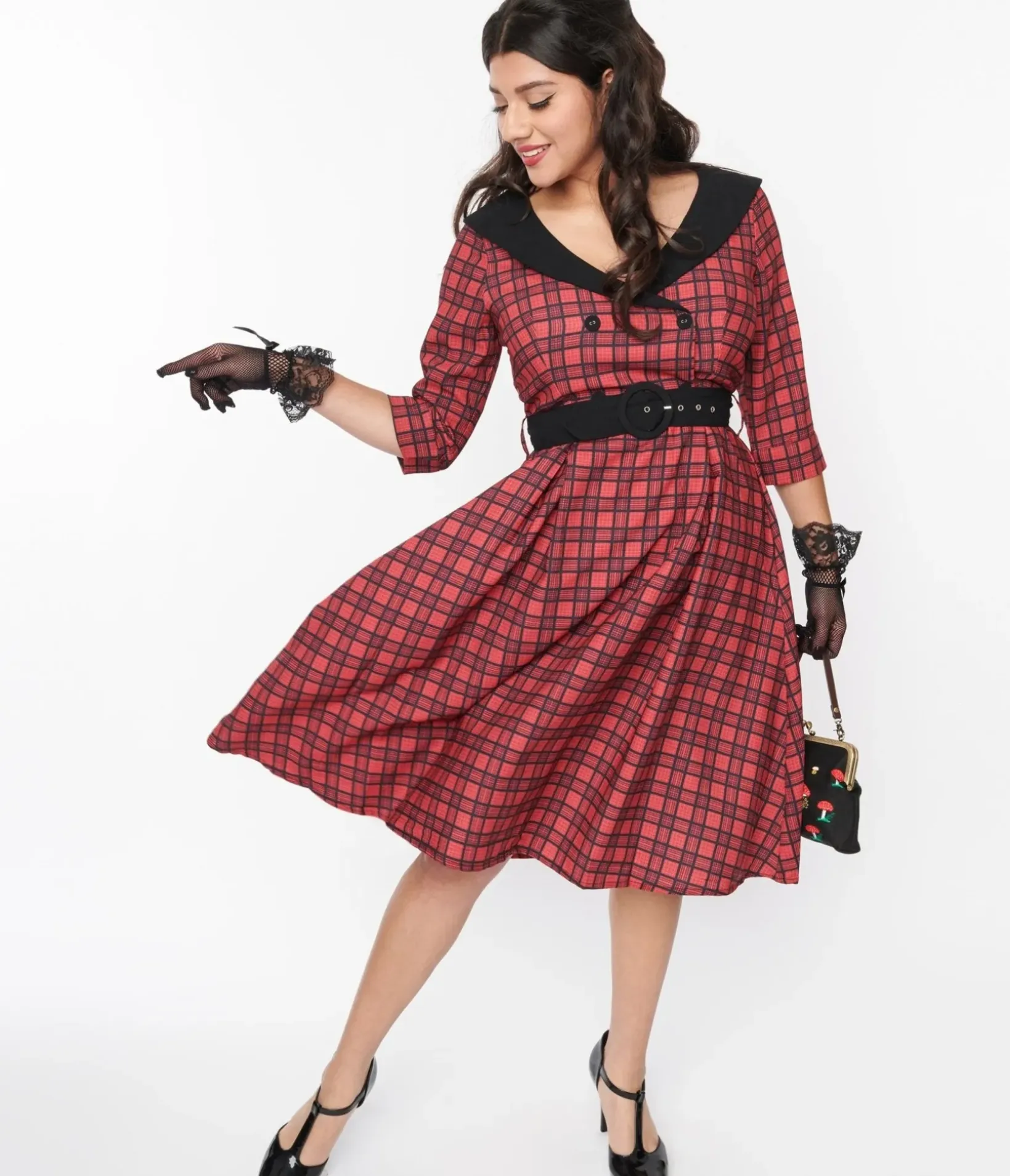 Unique Vintage Swing|Pocket Dresses>Red & Black Plaid Rakeel Swing Dress