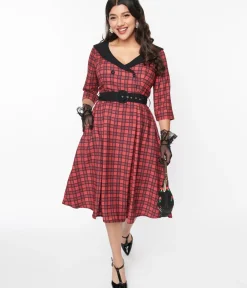Unique Vintage Swing|Pocket Dresses>Red & Black Plaid Rakeel Swing Dress