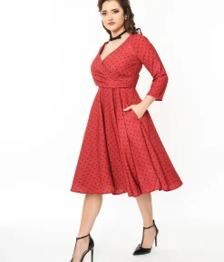Unique Vintage Swing|Fit & Flare>Red & Black Polka Dot Genevieve Swing Dress