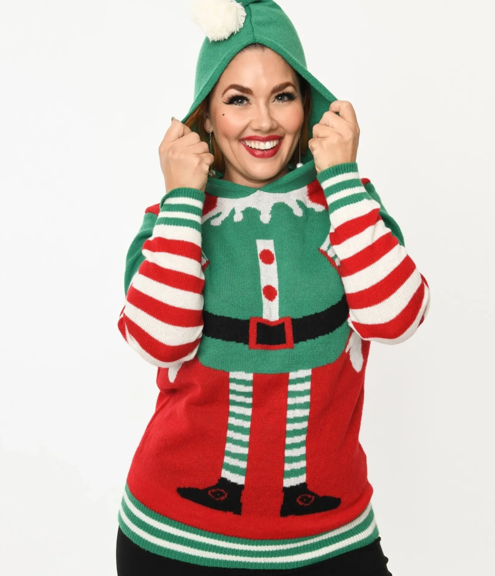 Unique Vintage Sweaters & Cardigans|Sweaters & Cardigans>Red & Green Elf Hooded Holiday Sweater