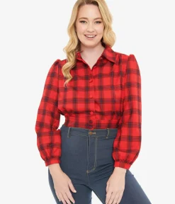 Unique Vintage Coats & Jackets|All Things Red>Red Plaid Rosie Bomber Jacket
