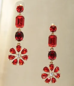 Unique Vintage All Things Red|Earrings>Red Rhinestone Floral Drop Earrings