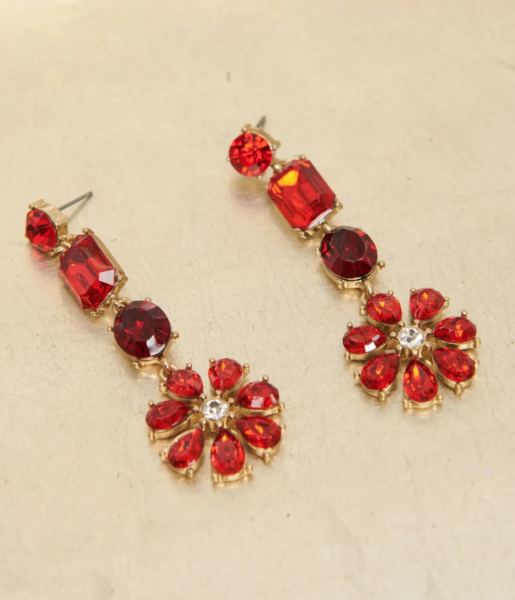 Unique Vintage All Things Red|Earrings>Red Rhinestone Floral Drop Earrings