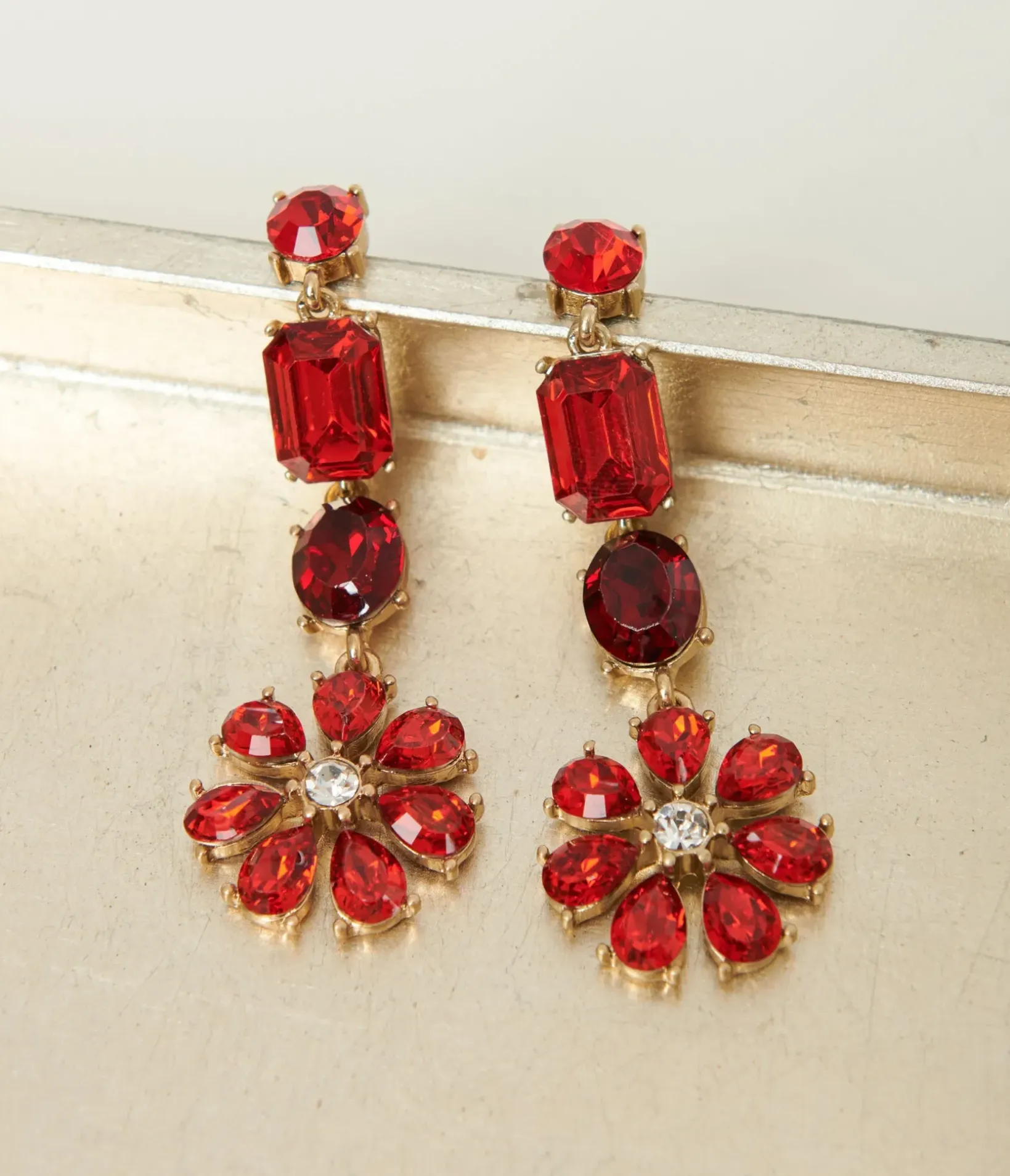 Unique Vintage All Things Red|Earrings>Red Rhinestone Floral Drop Earrings