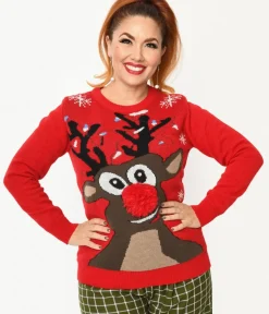 Unique Vintage Sweaters & Cardigans|Sweaters & Cardigans>Red Rudolph Holiday Sweater