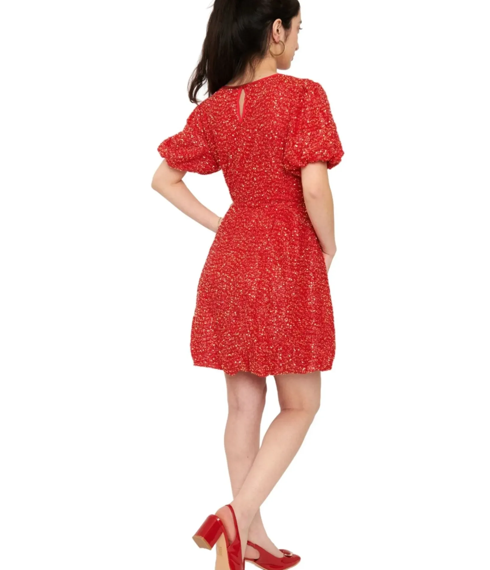 Unique Vintage Fit & Flare|Fit & Flare>Red Sequin Puff Sleeve Flare Dress