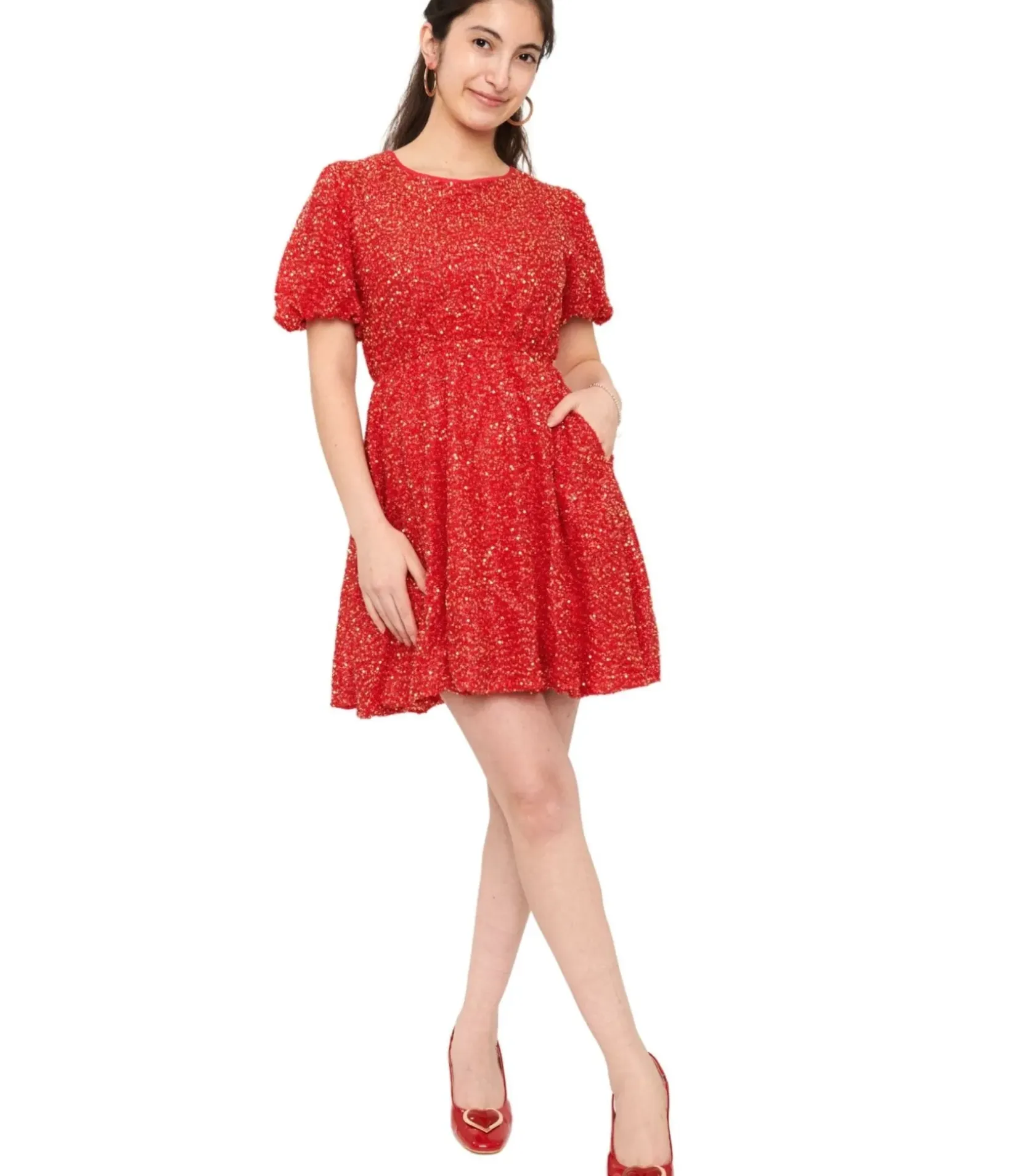 Unique Vintage Fit & Flare|Fit & Flare>Red Sequin Puff Sleeve Flare Dress