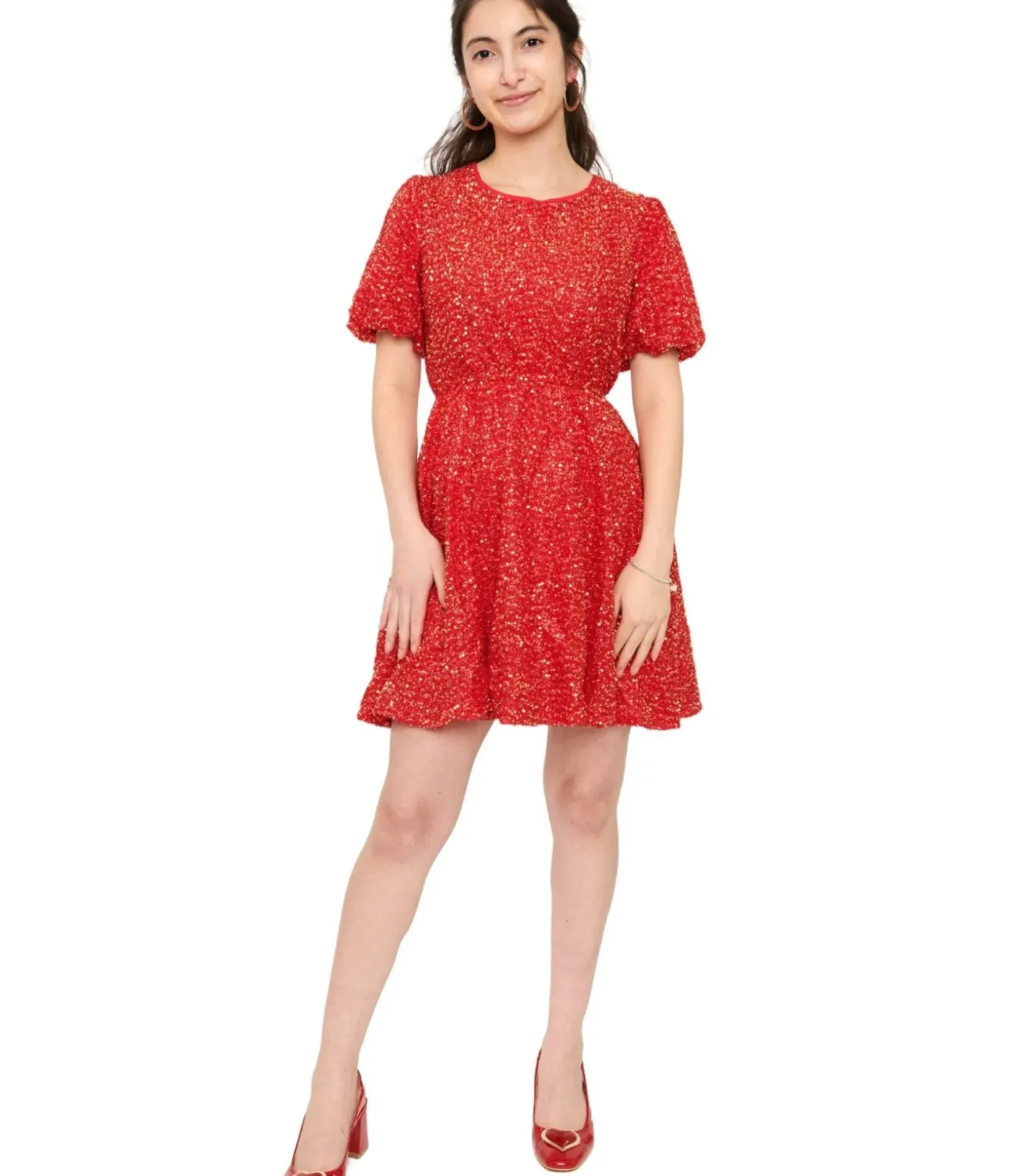 Unique Vintage Fit & Flare|Fit & Flare>Red Sequin Puff Sleeve Flare Dress