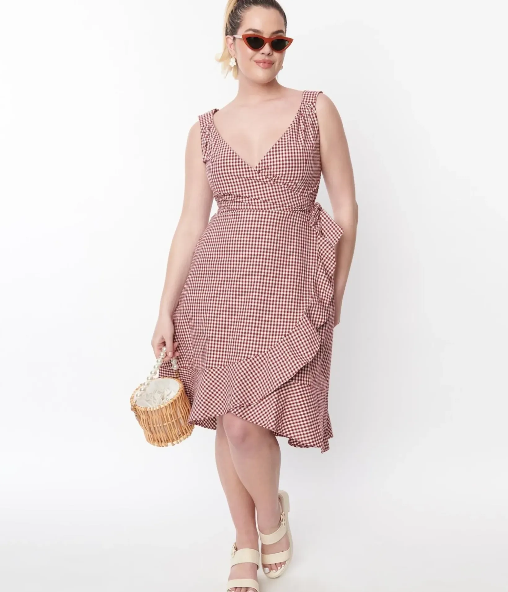 Unique Vintage Wrap Dresses|Everyday Dresses>Red & White Gingham Faux Wrap Dress
