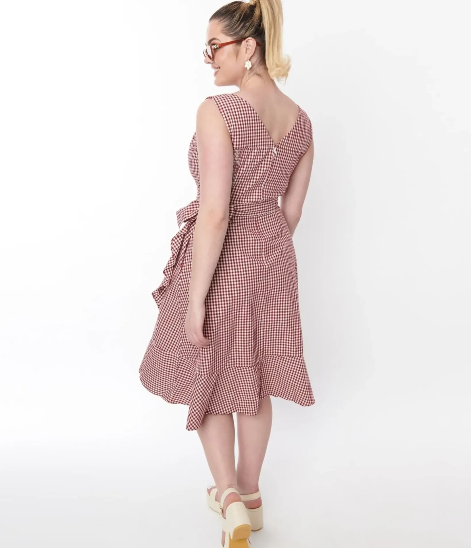 Unique Vintage Wrap Dresses|Everyday Dresses>Red & White Gingham Faux Wrap Dress