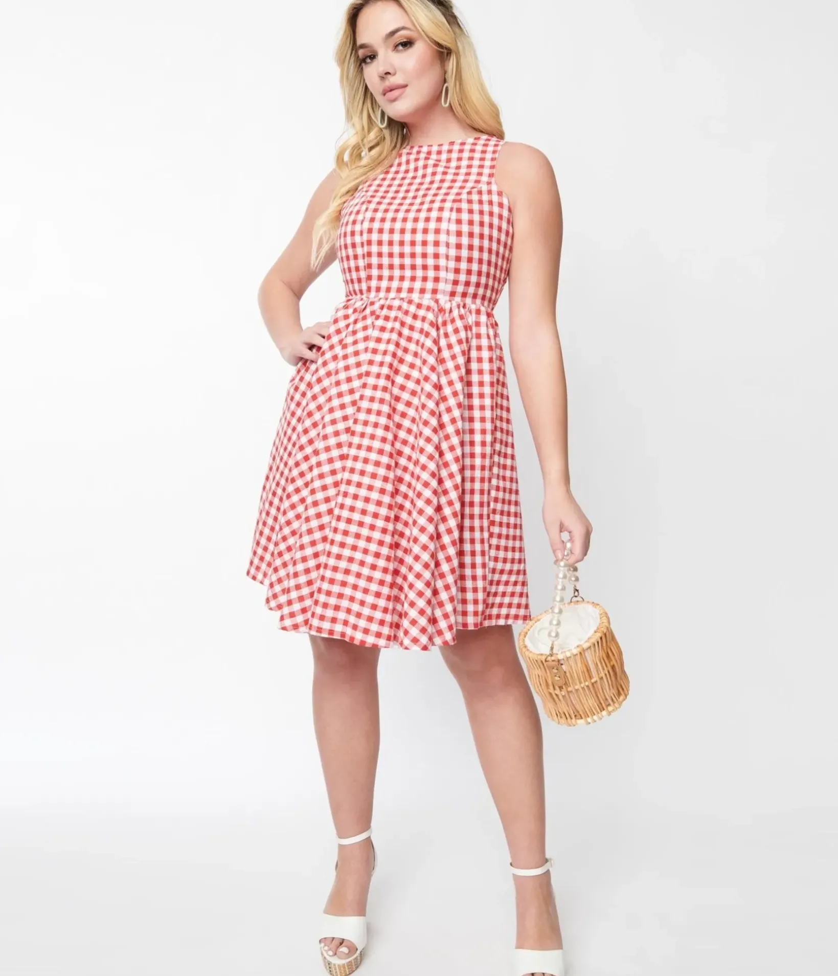 Unique Vintage Swing|Everyday Dresses>Red & White Gingham Swing Dress