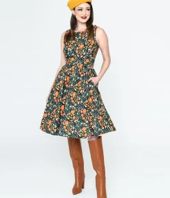 Unique Vintage Swing|Pocket Dresses>Retrolicious Black Flora Swing Dress