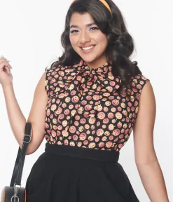 Unique Vintage Halloween>Retrolicious Black & Pumpkins Bow Blouse