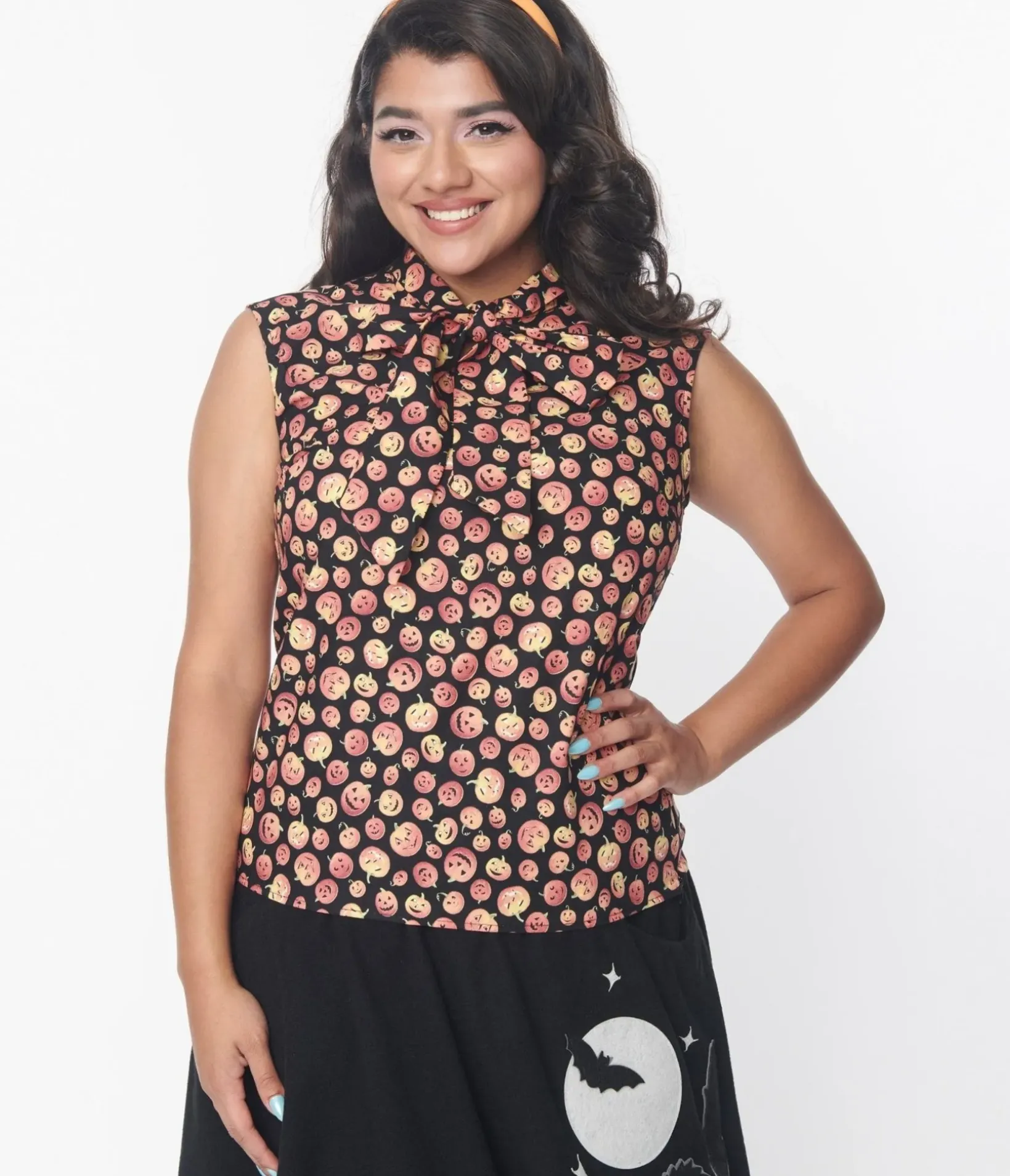 Unique Vintage Halloween>Retrolicious Black & Pumpkins Bow Blouse