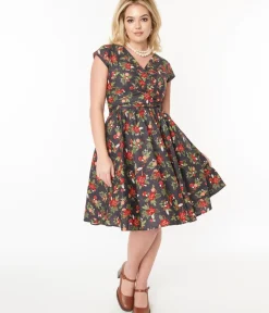 Unique Vintage Swing|Pocket Dresses>Retrolicious Brown & Holiday Florals Greta Swing Dress