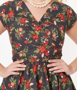 Unique Vintage Swing|Pocket Dresses>Retrolicious Brown & Holiday Florals Greta Swing Dress