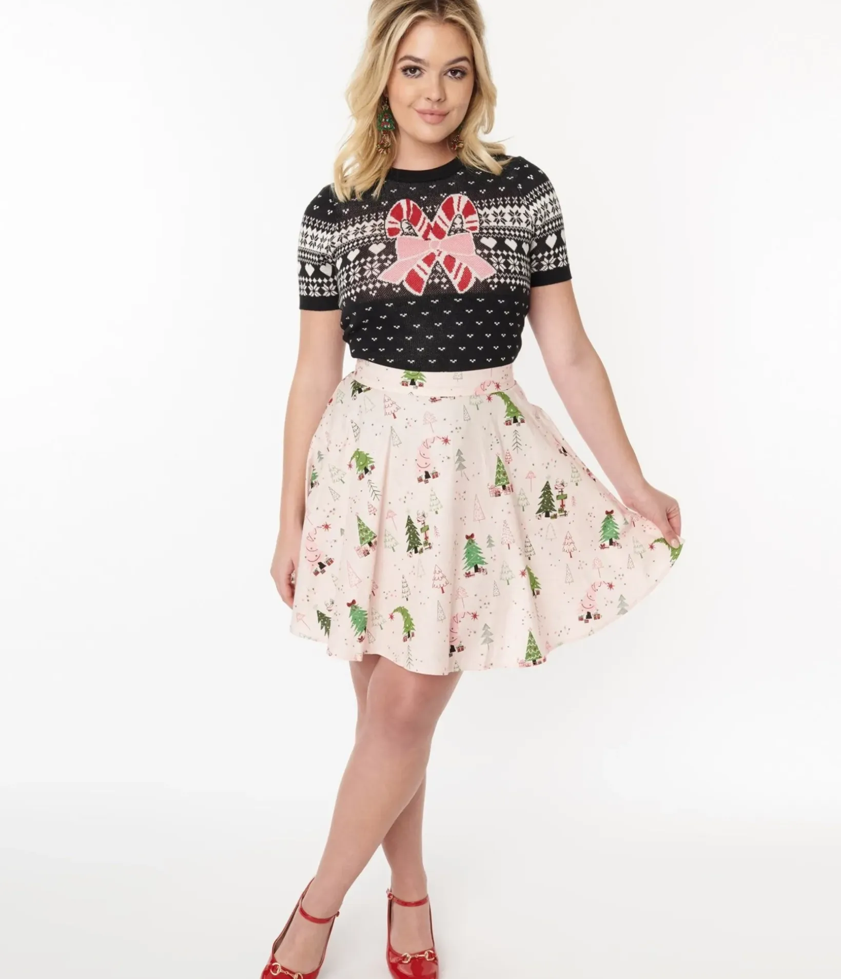 Unique Vintage Skirts|Skirts>Retrolicious Pink & Christmas Tree Skater Skirt