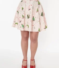 Unique Vintage Skirts|Skirts>Retrolicious Pink & Christmas Tree Skater Skirt