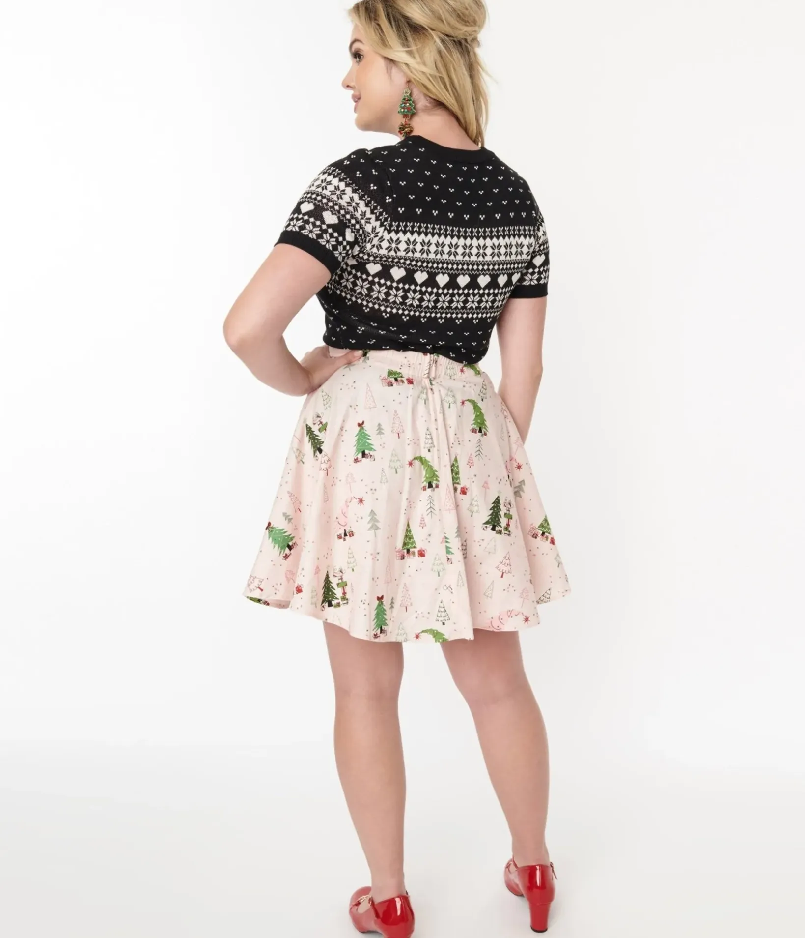 Unique Vintage Skirts|Skirts>Retrolicious Pink & Christmas Tree Skater Skirt