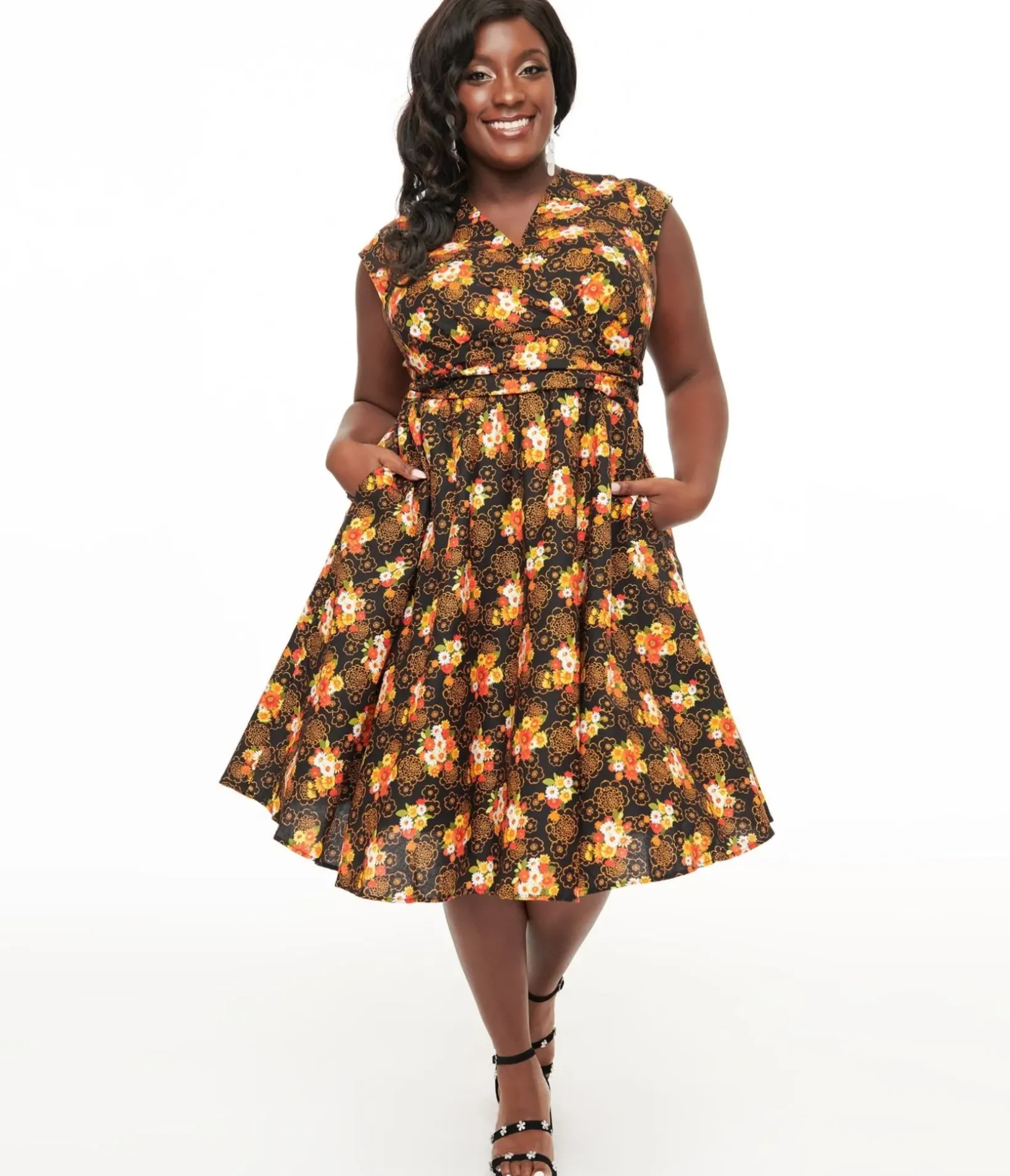 Unique Vintage Swing|Pocket Dresses>Retrolicious Plus Size 1950s Black Autumn Floral Cotton Greta Swing Dress
