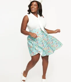 Unique Vintage Fit & Flare|Fit & Flare>Retrolicious Plus Size 1950s Blue & Multicolor Fish Print Cotton Skater Skirt