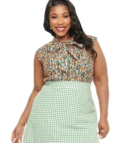 Unique Vintage Blouses|Blouses>Retrolicious Plus Size 1950s Forest Green Mushroom Print Cotton Bow Top