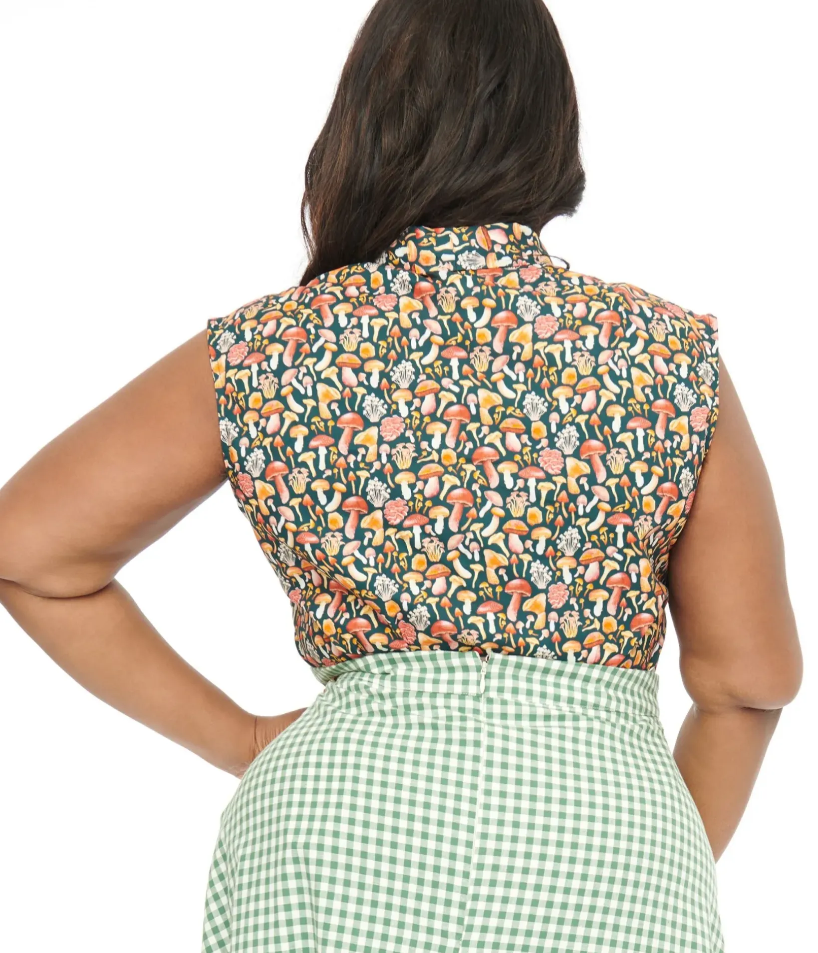 Unique Vintage Blouses|Blouses>Retrolicious Plus Size 1950s Forest Green Mushroom Print Cotton Bow Top