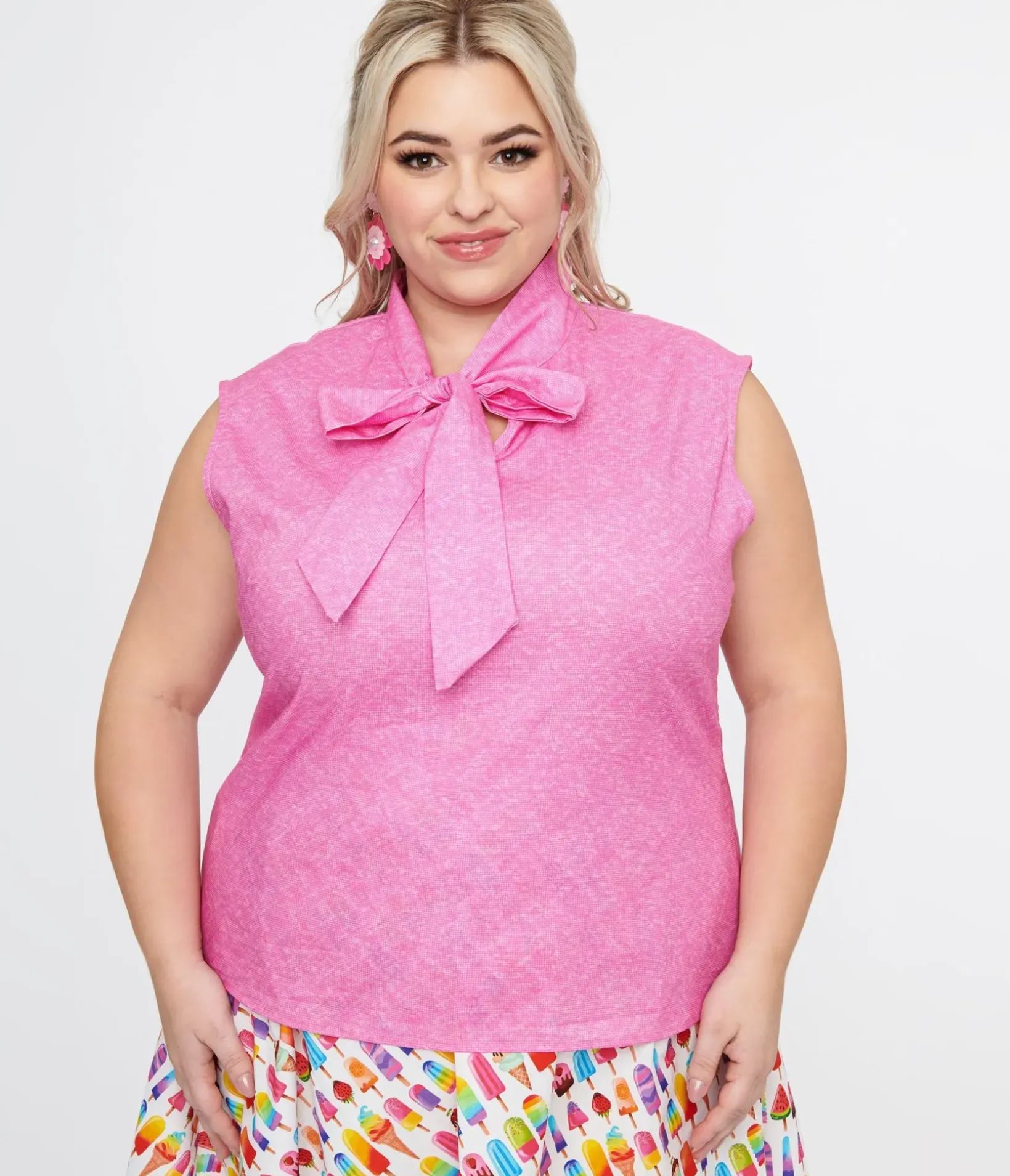 Unique Vintage Blouses|Blouses>Retrolicious Plus Size 1950s Hot Pink Cotton Bow Top