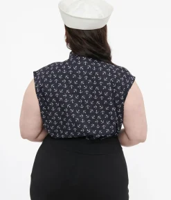 Unique Vintage Blouses|Blouses>Retrolicious Plus Size 1950s Navy Anchor Print Cotton Bow Blouse