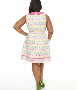 Unique Vintage Fit & Flare|Pocket Dresses>Retrolicious Plus Size 1950s Rainbow Leaf Collared Fit & Flare Dress