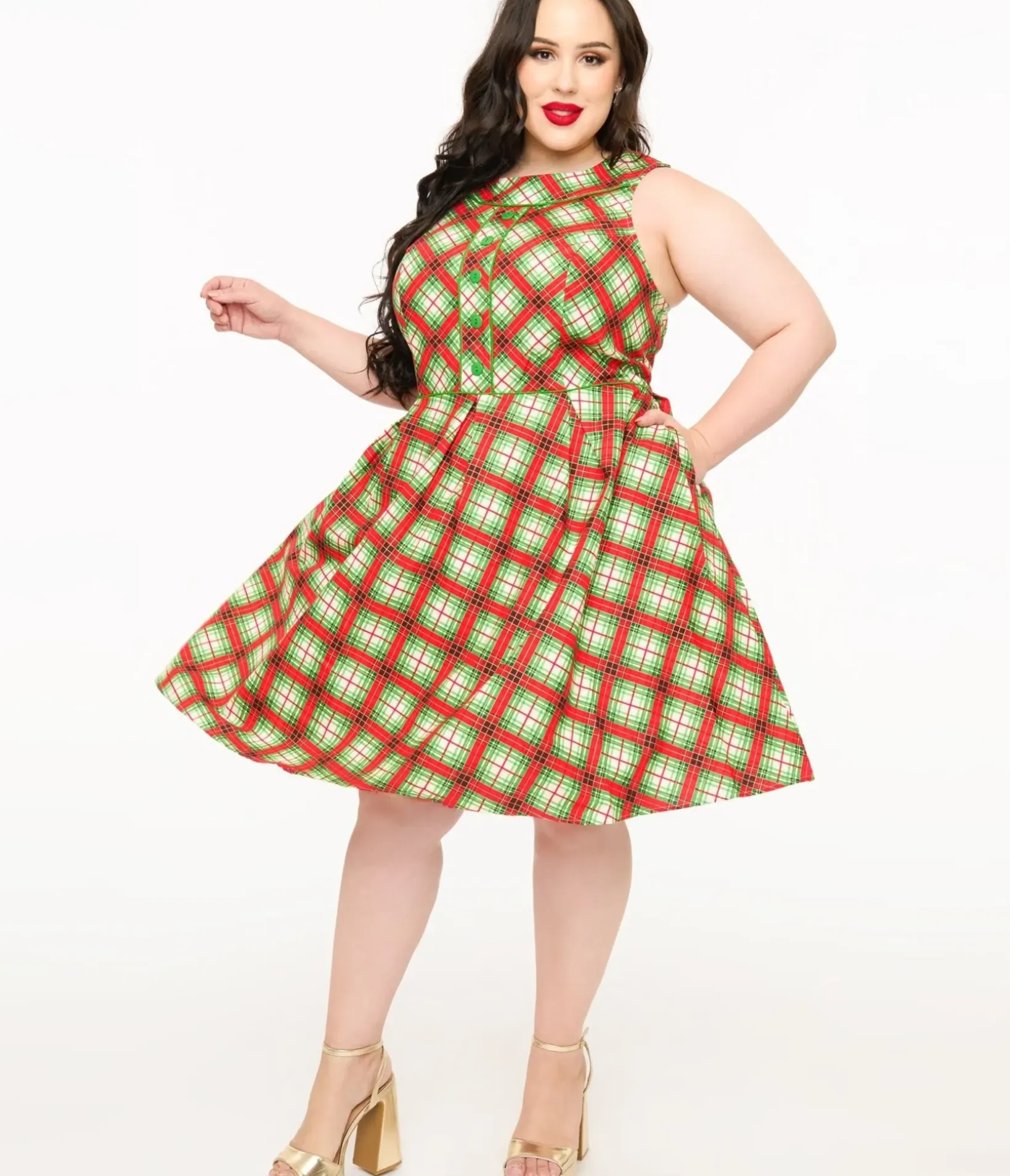 Unique Vintage Swing|Pocket Dresses>Retrolicious Plus Size 1950s Red Tartan Holiday Elizabeth Swing Dress