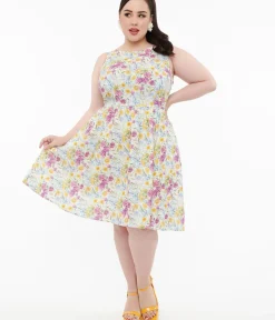 Unique Vintage Swing|Pocket Dresses>Retrolicious Plus Size 1950s Vintage Style Wildflower Cotton Swing Dress