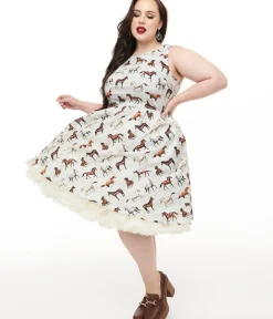 Unique Vintage Swing|Pocket Dresses>Retrolicious Plus Size 1950s White & Brown Horse Print Cotton Swing Dress