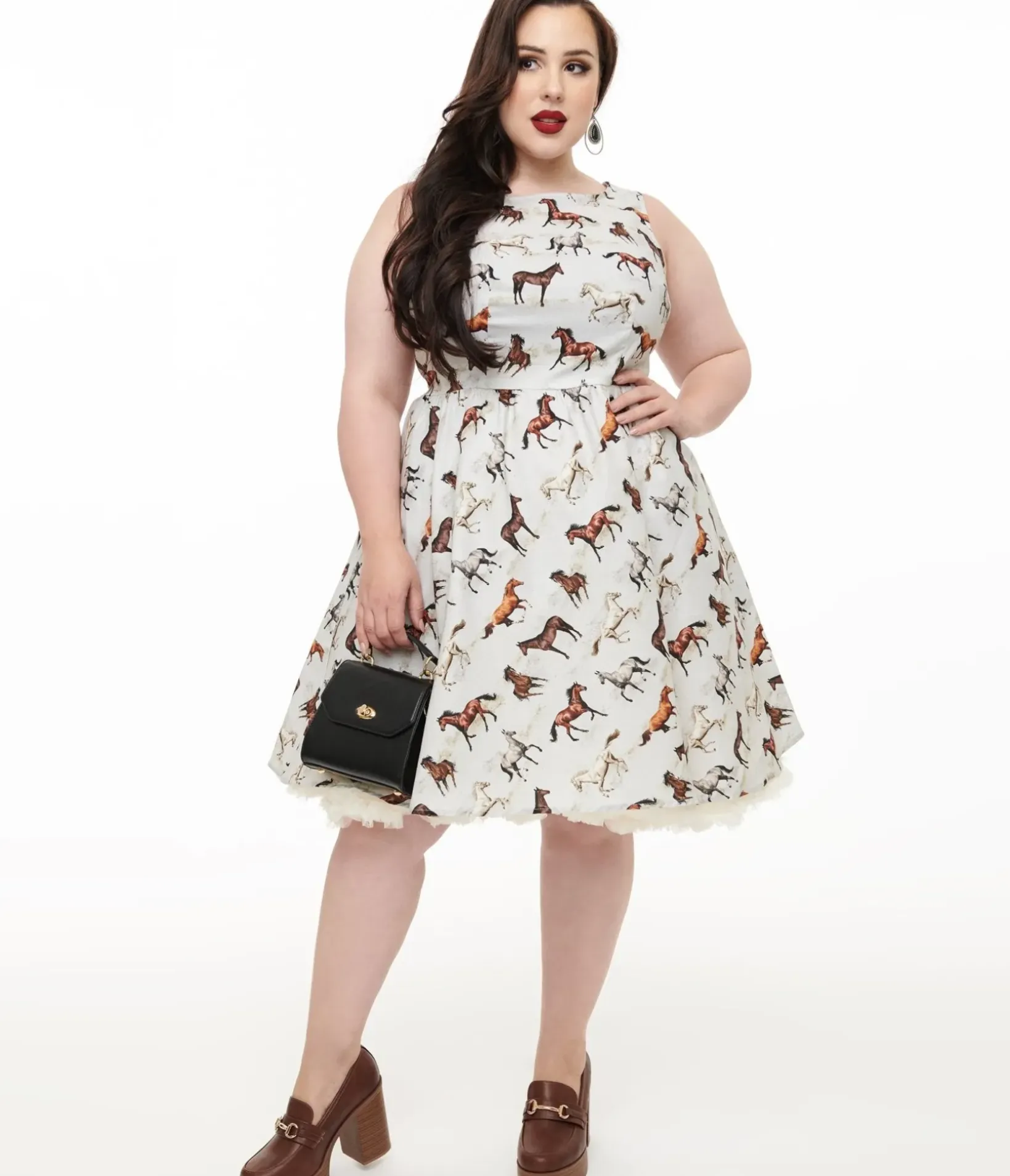 Unique Vintage Swing|Pocket Dresses>Retrolicious Plus Size 1950s White & Brown Horse Print Cotton Swing Dress