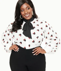 Unique Vintage Blouses|Blouses>Retrolicious Plus Size 1950s Winter Floral Cotton Bow Top