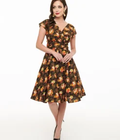 Unique Vintage Swing|Pocket Dresses>Retrolicious 1950s Autumn Floral Cotton Greta Swing Dress