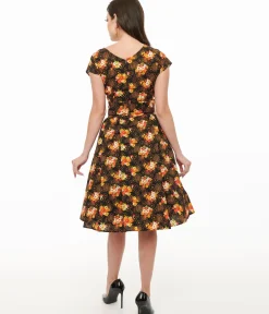 Unique Vintage Swing|Pocket Dresses>Retrolicious 1950s Autumn Floral Cotton Greta Swing Dress