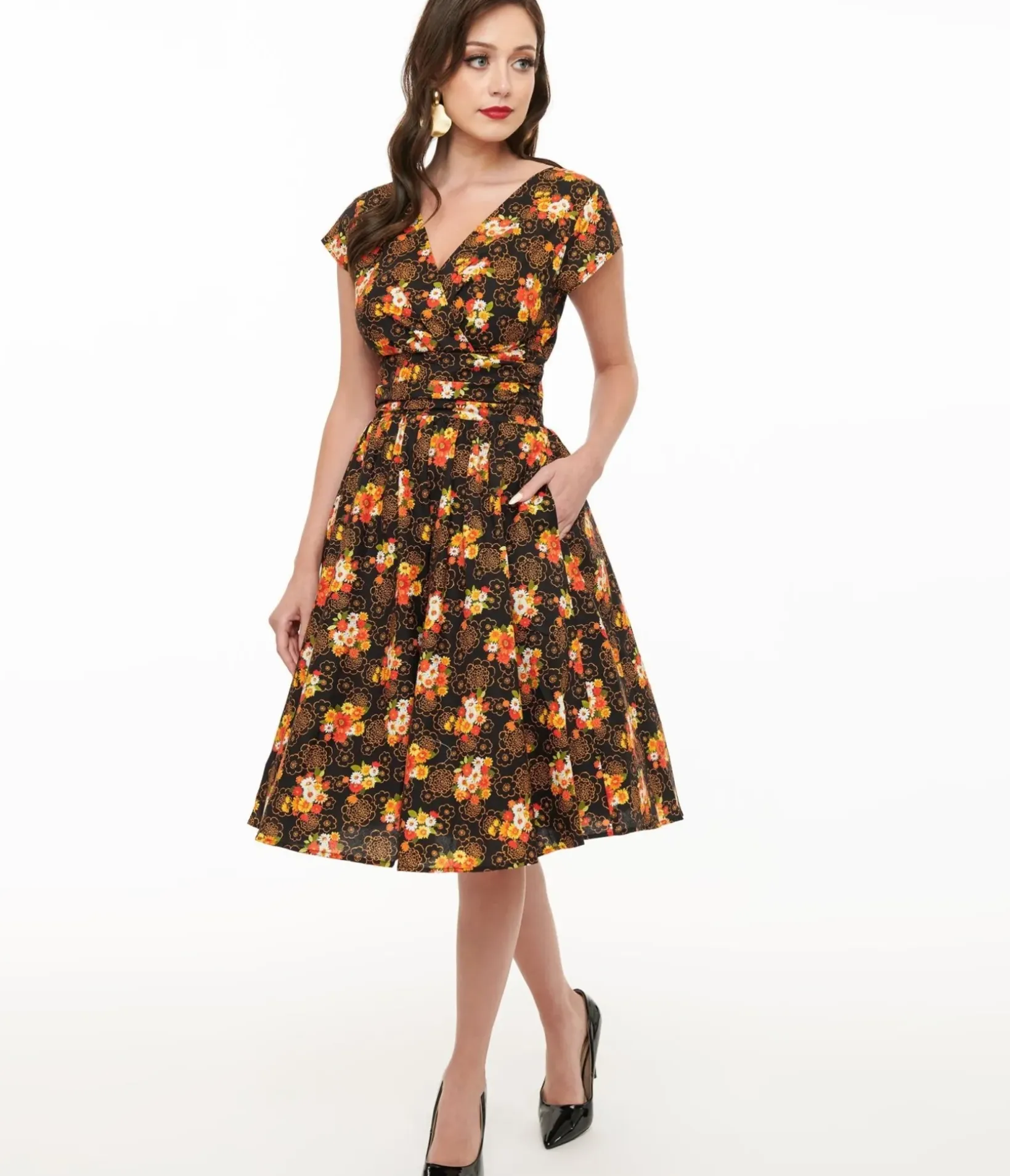 Unique Vintage Swing|Pocket Dresses>Retrolicious 1950s Autumn Floral Cotton Greta Swing Dress