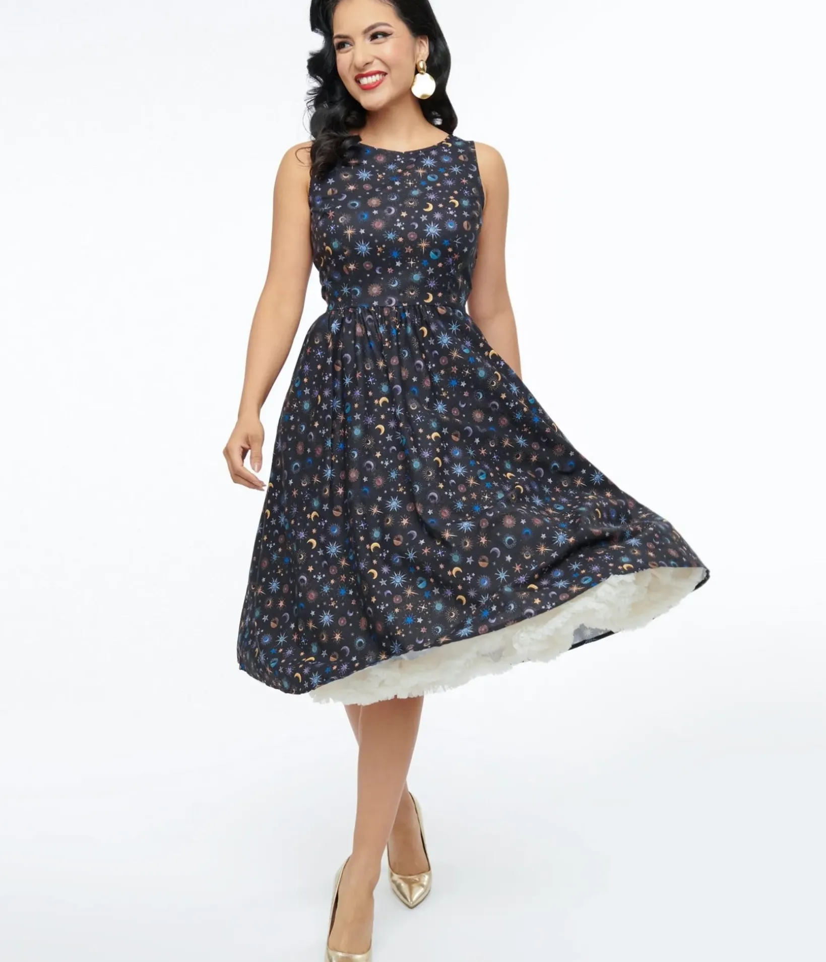 Unique Vintage Midi|Fit & Flare>Retrolicious 1950s Black Celestial Stars & Moon Print Midi Dress