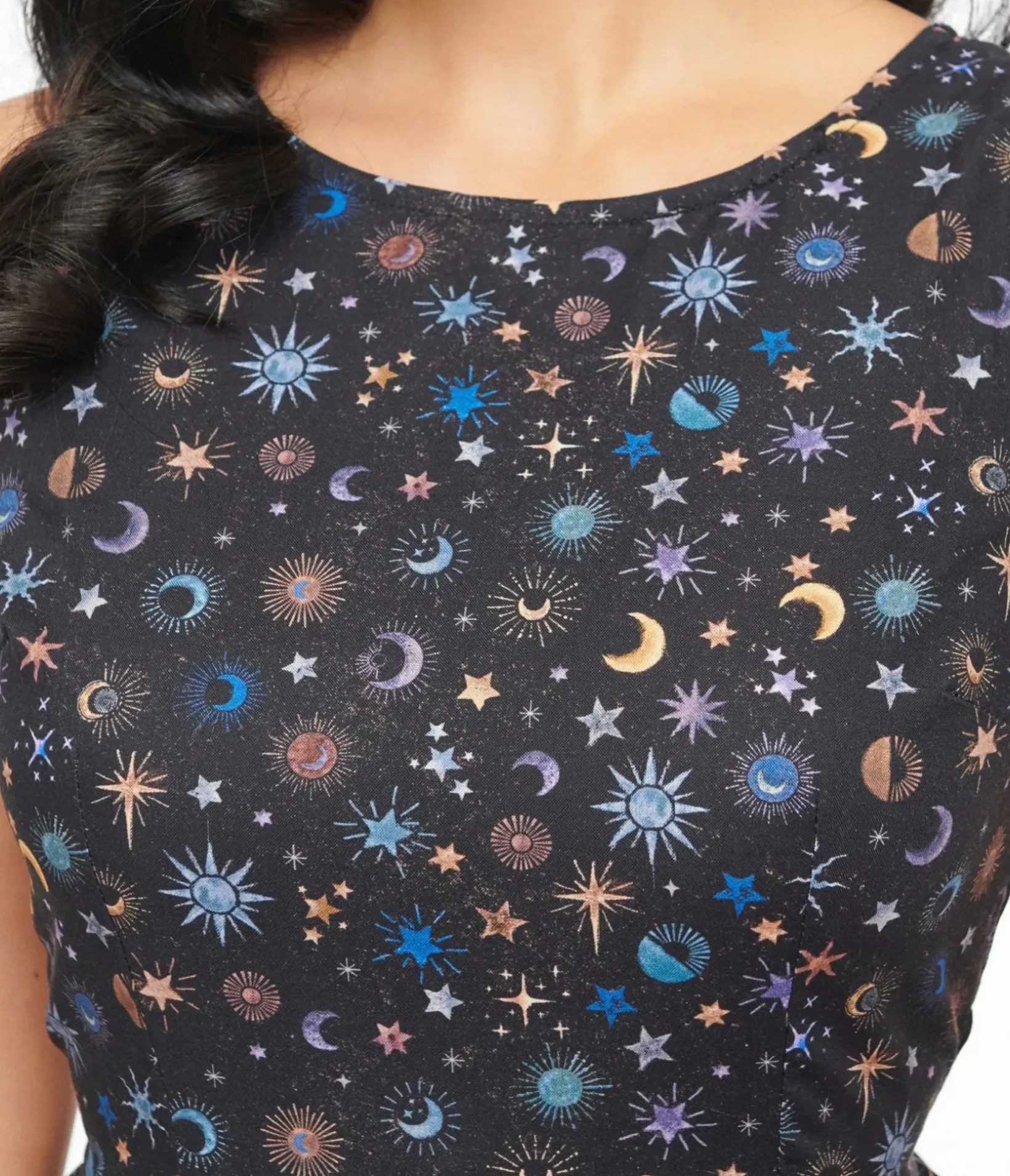 Unique Vintage Midi|Fit & Flare>Retrolicious 1950s Black Celestial Stars & Moon Print Midi Dress