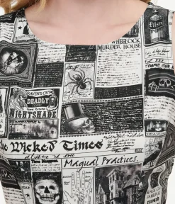 Unique Vintage Everyday Dresses|Halloween>Retrolicious 1950s Black & White Halloween Newspaper Midi Dress